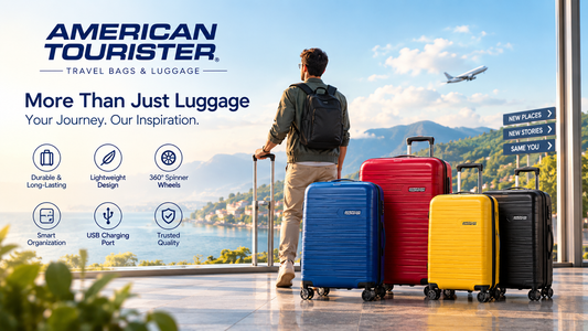 American Tourister travel bags and colorful suitcases with a traveler in a scenic destination