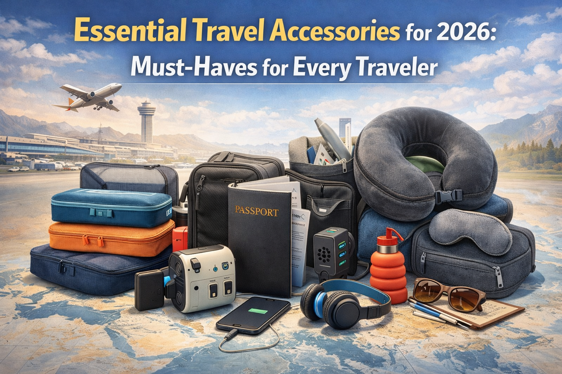 Essential travel accessories displayed for air travel and long journeys