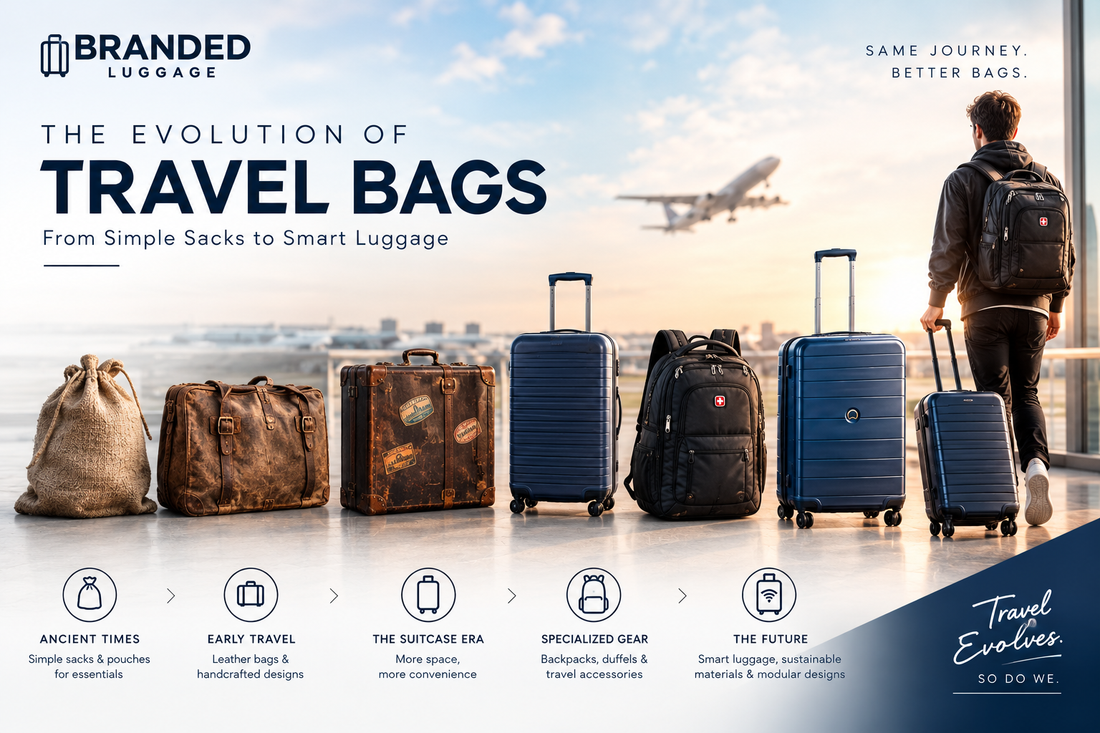 Evolution of travel bags from simple sacks and vintage luggage to modern suitcases, backpacks, and smart travel gear