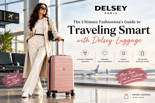 Fashionable woman traveling with blush pink Delsey luggage in a modern airport