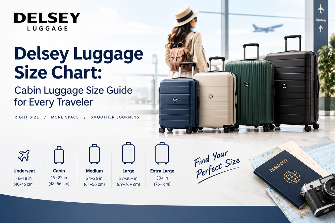 Delsey luggage size chart showing underseat, cabin, medium, large, and extra-large suitcase sizes for travelers