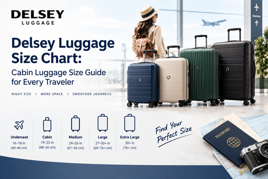 Delsey luggage size chart showing underseat, cabin, medium, large, and extra-large suitcase sizes for travelers