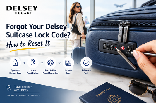 Delsey suitcase lock reset guide showing the lock, reset button, and steps to set and test a new combination