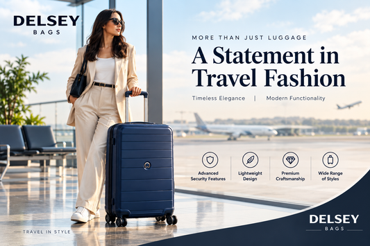 Delsey Bags travel fashion with a stylish traveler and navy suitcase in an airport.