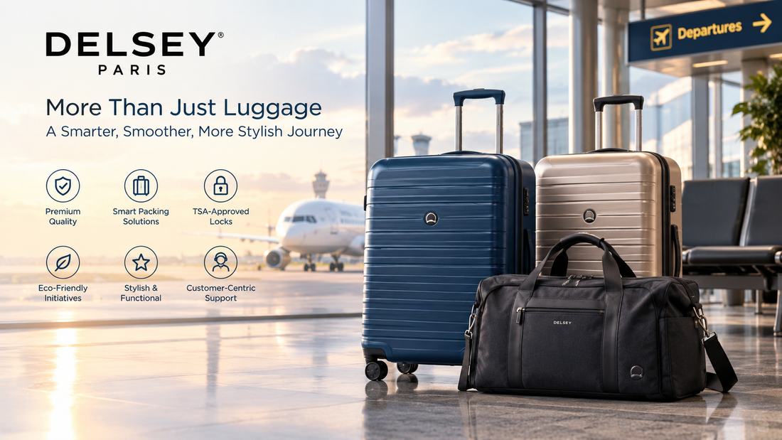 Delsey bags with premium travel features in an airport terminal