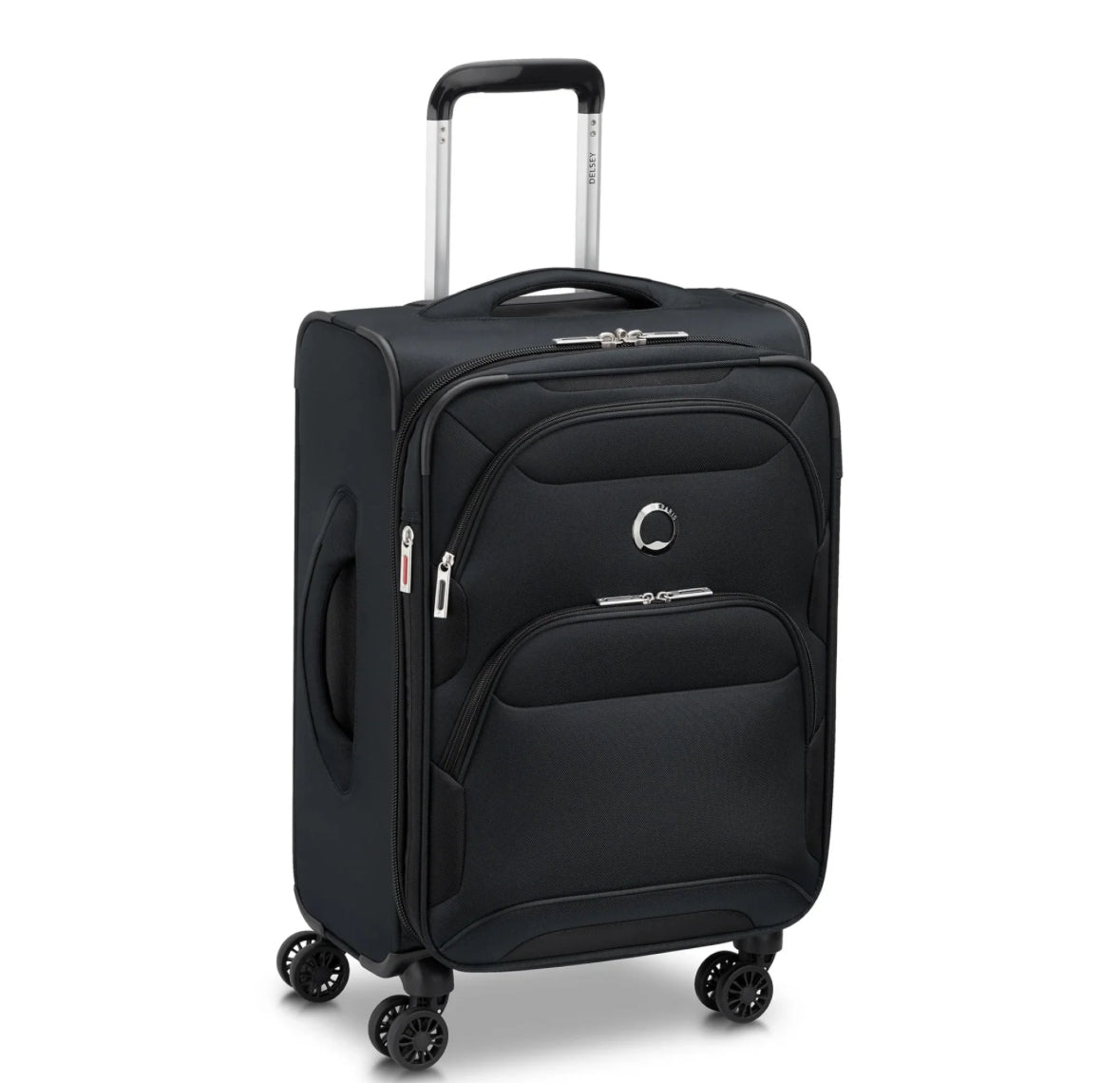 Black Delsey spinner suitcase with extended handle
