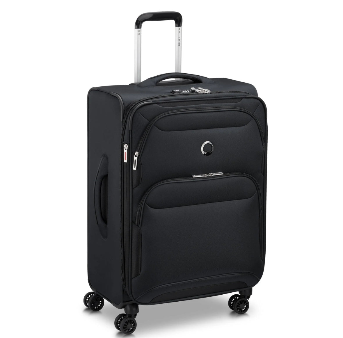 Black Delsey spinner suitcase with extended handle