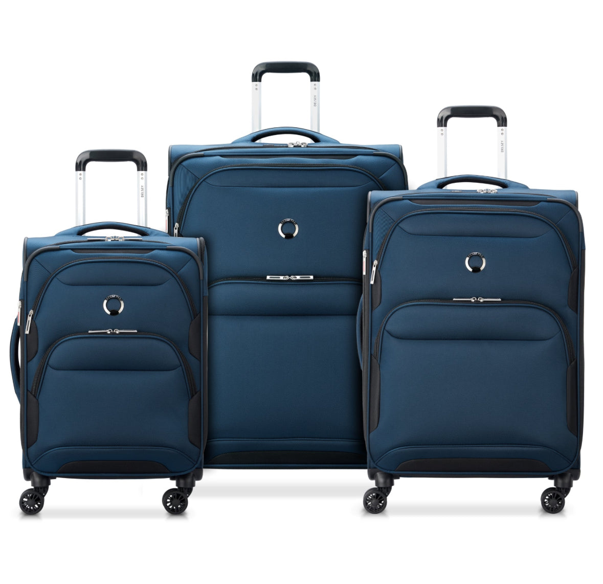 Three blue Delsey softside spinner suitcases in different sizes