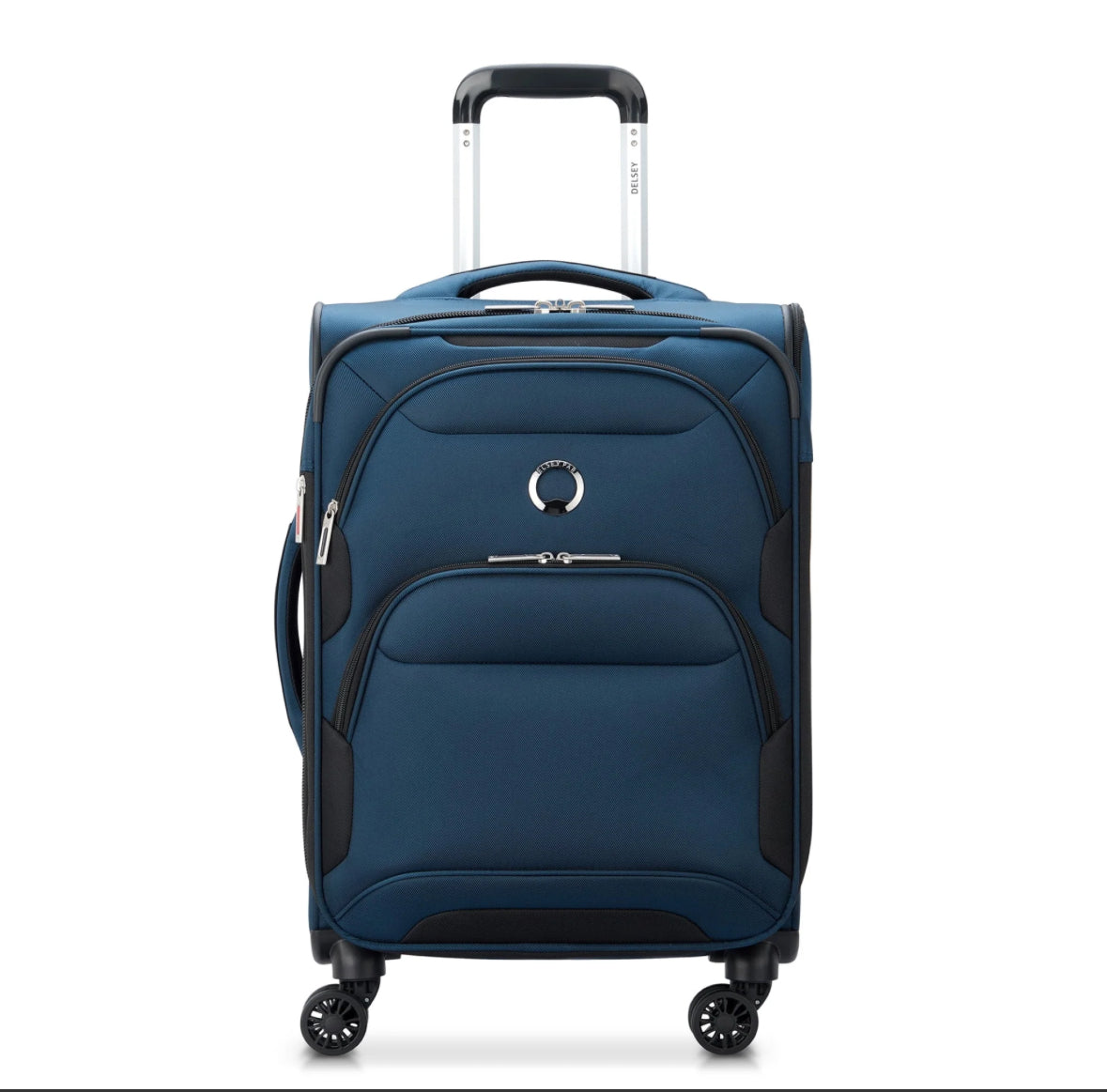 Front view of a blue Delsey softside spinner suitcase