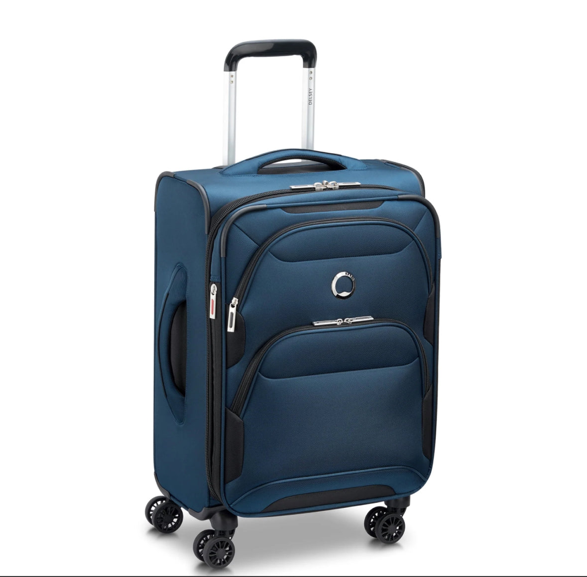 Angled view of a blue Delsey softside spinner luggage