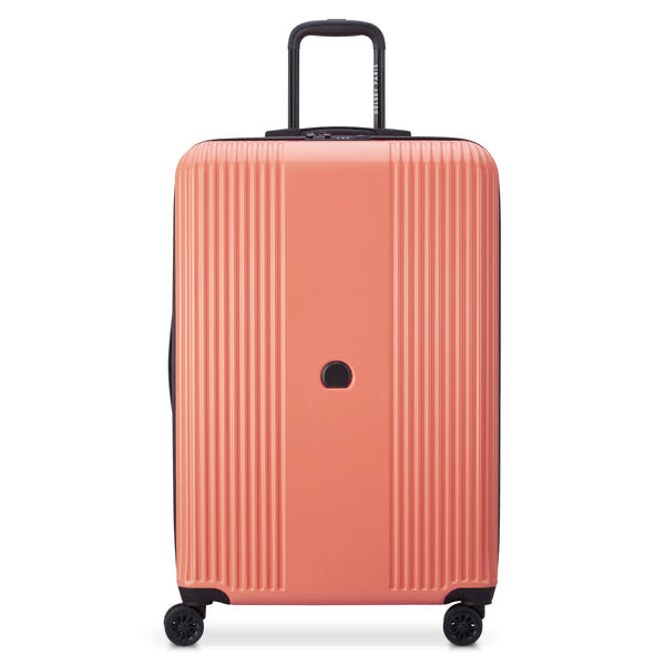 Delsey coral pink hardside suitcase front view