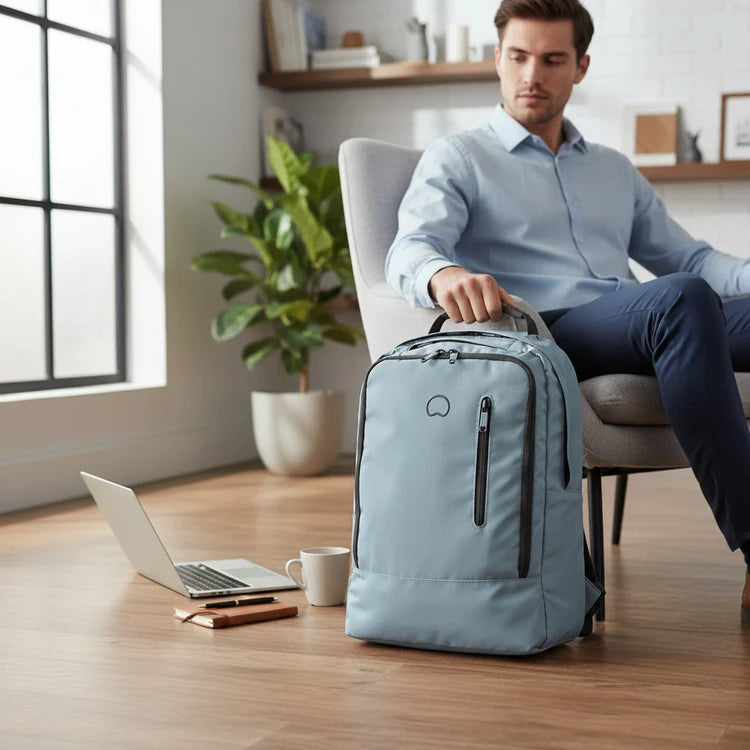 Delsey light blue backpack next to a seated man in an office