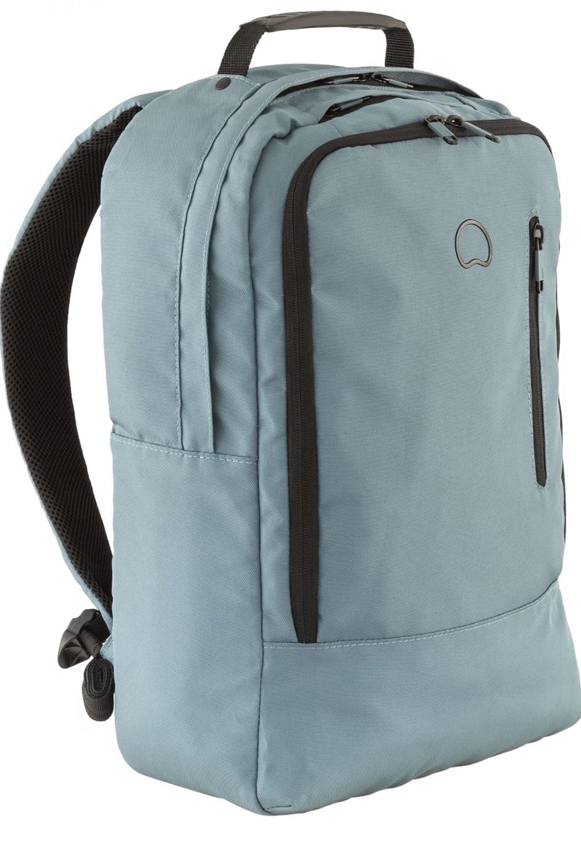 Side angle of Delsey light blue backpack