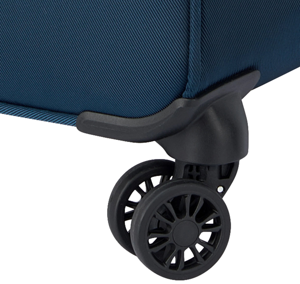 Double spinner wheel on a blue Delsey suitcase