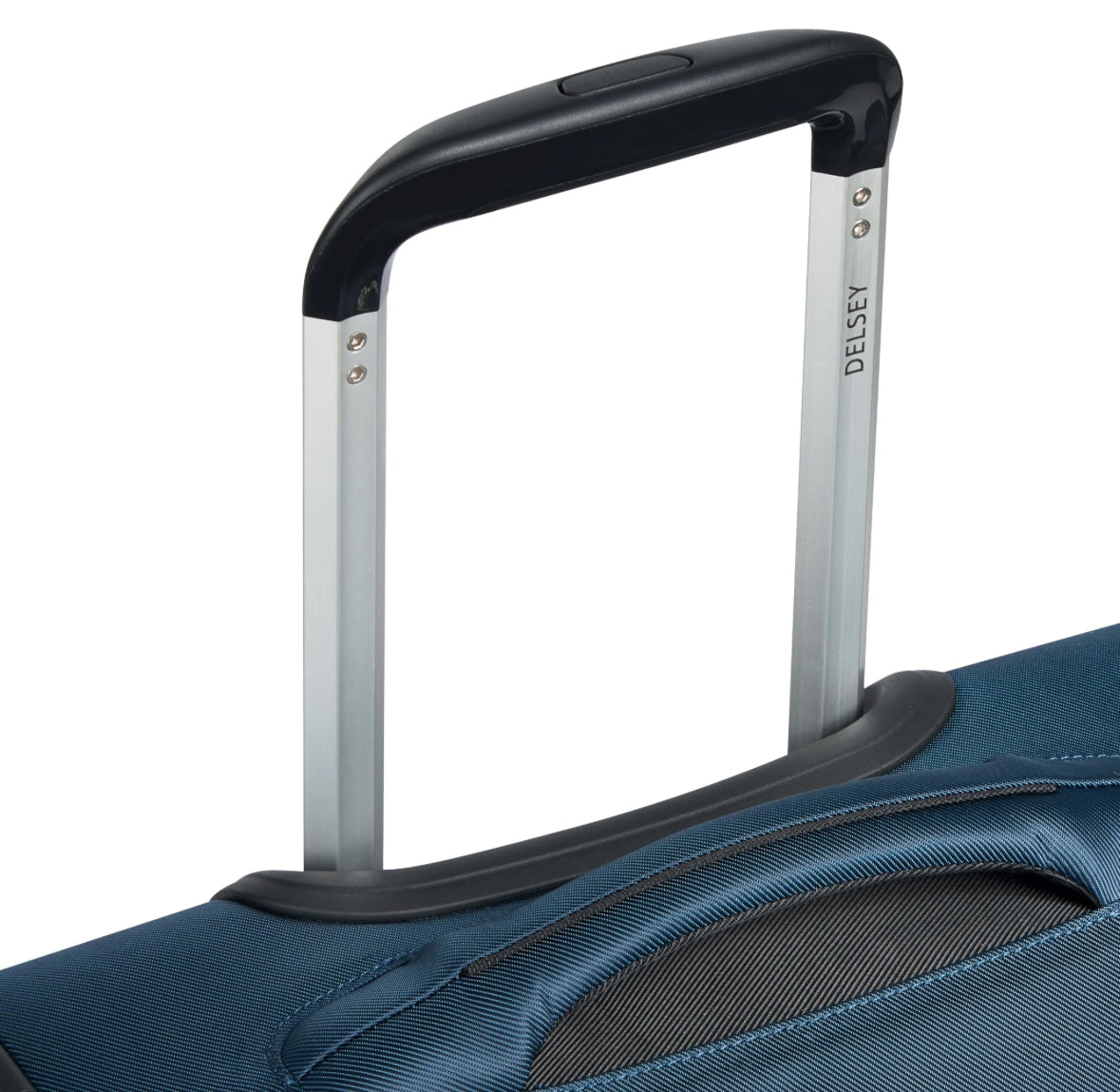 Extended telescopic handle on a blue Delsey suitcase