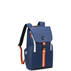 Angled side view of blue Delsey Securflap backpack