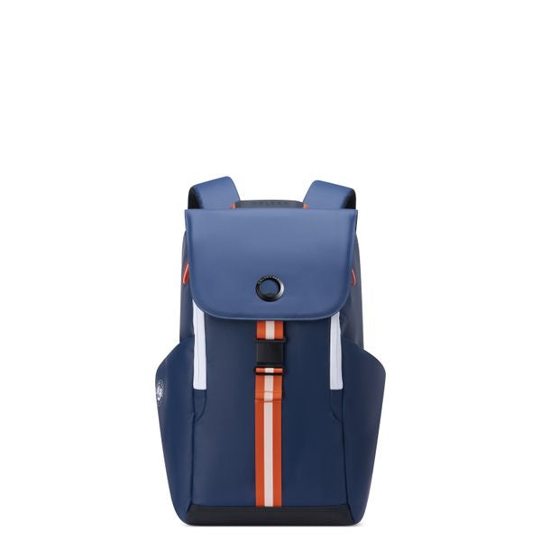 Front view of blue Delsey Securflap 21L backpack