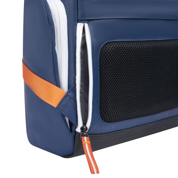 Close-up of hidden zippered back pocket on Delsey bag