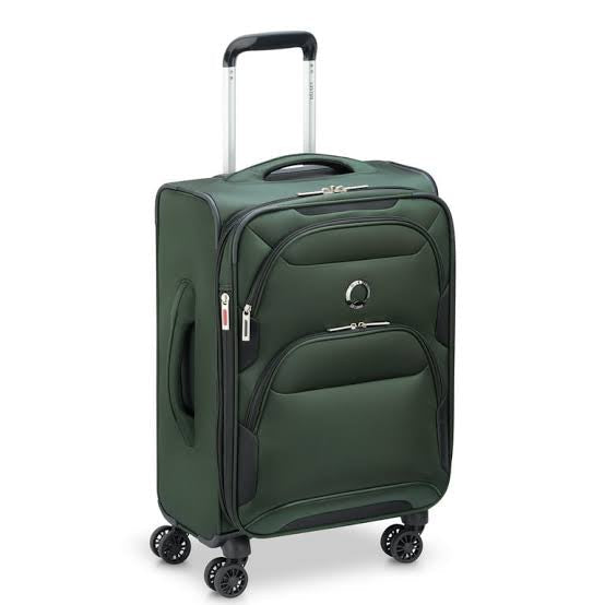 Green Delsey softside spinner suitcase with extended handle