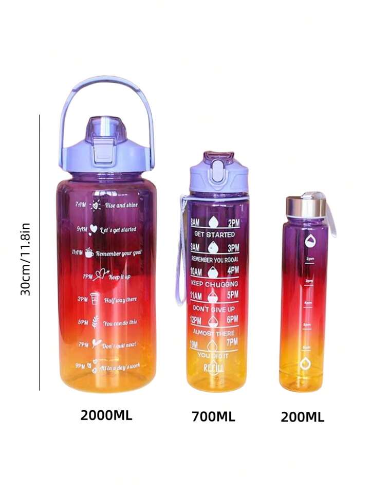 3-In-1 Gradient Color Plastic Water Bottle Set (2000ml+700ml+200ml)