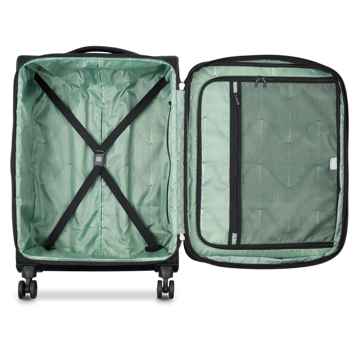 Open Delsey luggage interior with green lining and straps